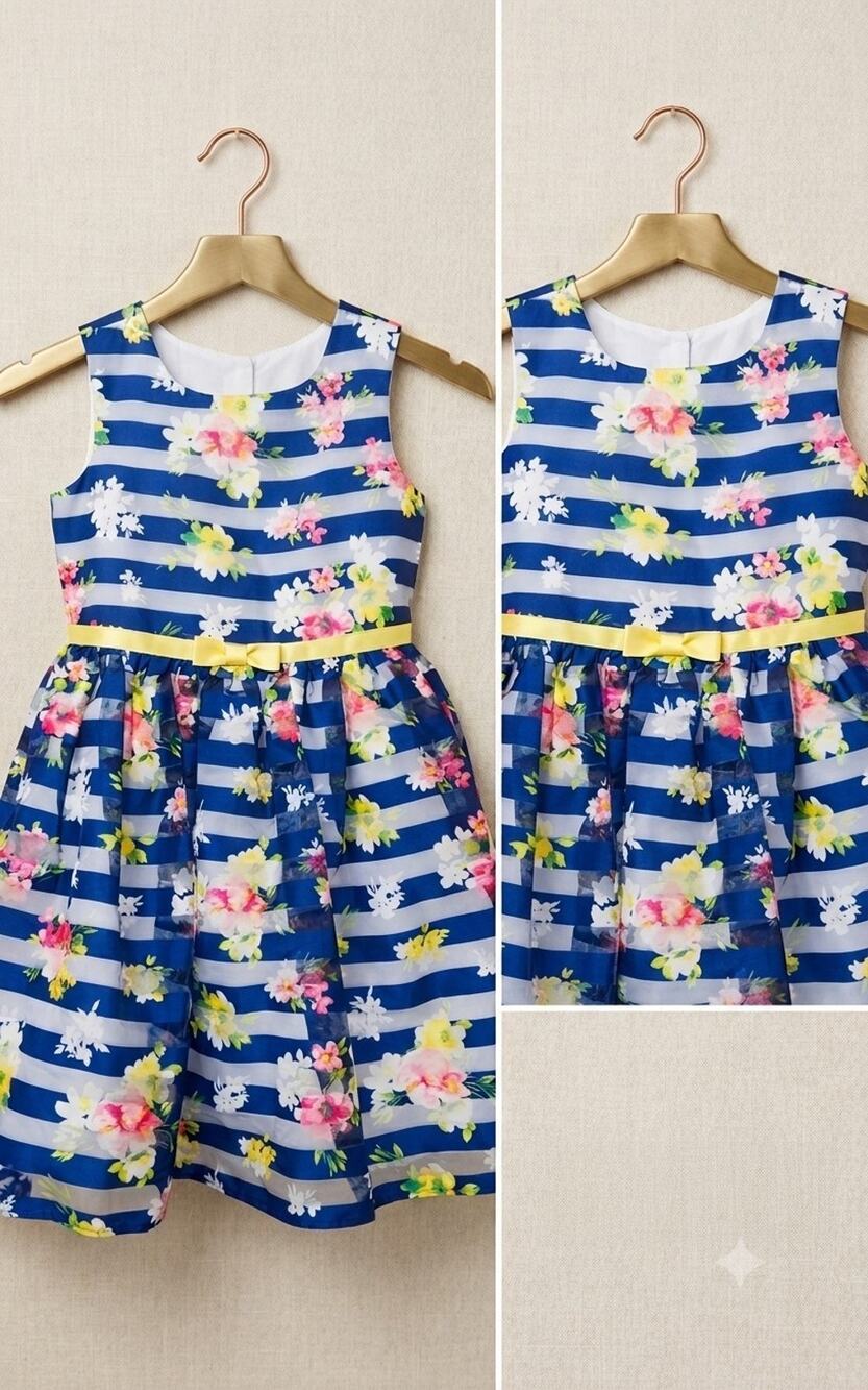 Jonah Michelle Girls Navy Blue Floral Striped Party Dress Ribbon Bow Size 6